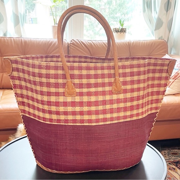 OOAK Gingham raffia and genuine leather giant Red and Tan Checkered Tote Bag - Picture 13 of 13